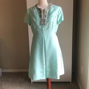 Exquisite Vintage Mint Green Sateen Dress Amazing Beading EUC! Sz M Pockets!